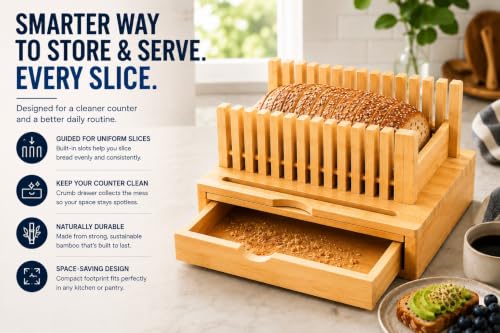 Bamboo Bread Slicer with Crumb Catcher Tray, Adjustable Slicing Guide and Knife Storage Drawer - Even Slice Loaf Cutter