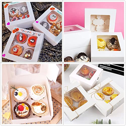 24 PCS White Cupcake Boxes with Window & Inserts, Cupcake Containers 4 Count, Bakery Boxes, Cookie Boxes 6x6x3" Cake Boxes, Pastry Boxes Muffins Treat Gift Boxes for Macaroon Pops Strawberries - color: White