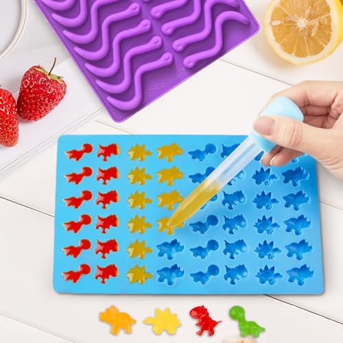 Gummy Candy Molds - Silicone Mini Gummy Bear/Hearts/Dinosaur/Gummy Worm Mold with 2pcs Dropper,Non-stick and Bpa Free for Candy Chocolate Gummies Baking - color: 4pcs Candy Molds