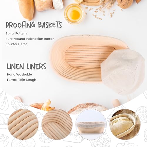 DOYOLLA Bread Proofing Baskets Set of 2 10 inch Oval Shaped Dough Proofing Bowls w/Liners Perfect for Professional & Home Sourdough Bread Baking - size: 10 inch