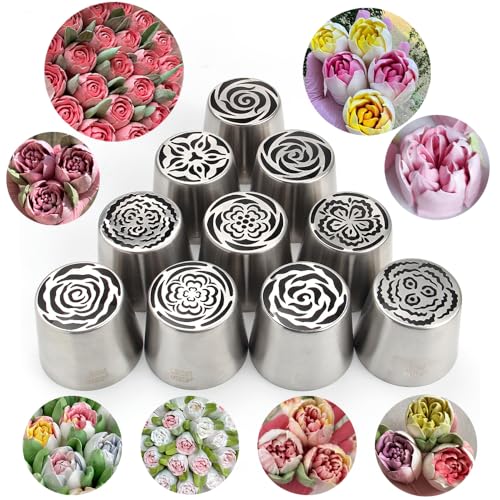 10 Pieces Extra Large Stainless Steel Russian Flower Piping Tips Kit - color: SILVER SET2