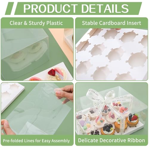 5 Pcs clear cupcake boxes with gift ribbon, 12 count cupcake container, plastic cupcake tray, suitable for desserts, cookies, muffins for Easter and Mother's Day.(White, 12 Counts/5 pcs) - size: 12 Counts/5 pcs