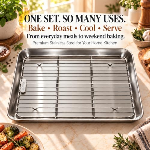 304 (18/8) Stainless Steel Flat Bottom Baking Sheet & Rack, 12.5 x 9.7 In - size: 12.5 × 9.7 in