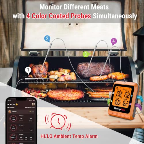 TempPro TempSync 650ft Bluetooth Meat Thermometer with 4 Color-Coded Probes - style: 4 Probes