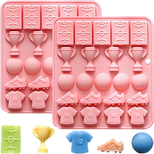 2PCS Football Chocolate Mold 22 Cavities Soccer Sports Theme Silicone Candy Molds Trophy Cup Ball Jersey Shapes Baking Mould for Chocolate Candy Fondant Jello Ice Cube Candle Sugar Craft Cupcake Decor - color: Pink 3