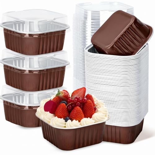 60Pack 5oz Brown Mini Cake Pans with Lids Baking Cups Aluminum Foil Pans Tins, Individual Dessert Cups Containers for Sales,Party,Picnics - color: Brown