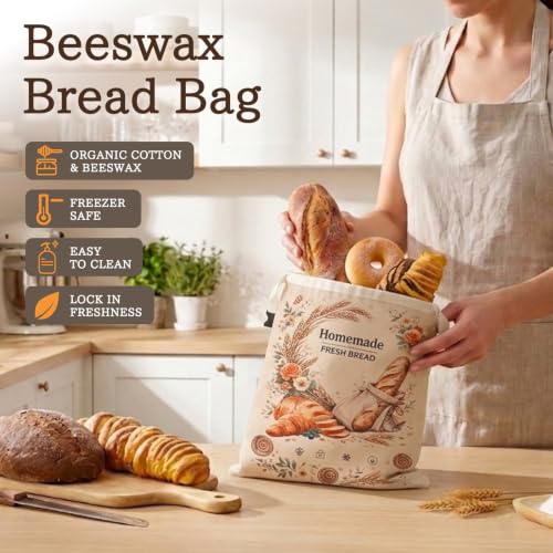 KEKUOU 2-Pack Reusable Beeswax Bread Bags for Homemade Sourdough - color: Beige