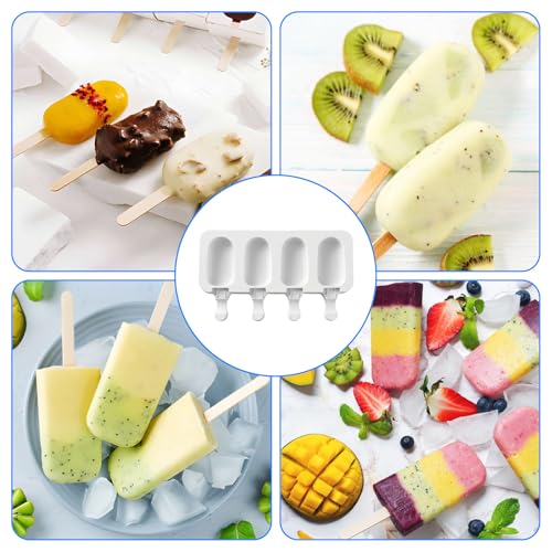 6 Set Cake Pop Mold Kit,4 Cavity White Cakesicle Molds Silicone,Oval Ice Cream Mold Cake Pop Maker Supplies Accessories with 300 Pieces Wooden Sticks for DIY Ice Cream Cakes