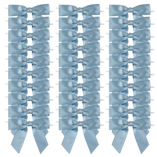 AIMUDI Dusty Blue Satin Ribbon Bows 3.5" Pre-Tied Twist Tie Bows for Treat Bags Gift Wrapping Cake Pop Goodie Bags Party Wedding Baby Shower Favor - 50 PCs - color: Blue Dusty