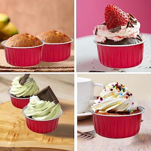 100Pcs Aluminum Cups with Lids,5oz Disposable Ramekin Baking Cups Muffin Liners Mini Pie Pans Foil Cupcake Containers for Christmas Party Wedding Party,Red - color: Red
