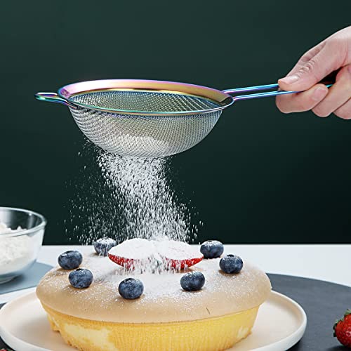 Kyraton Rainbow Fine Mesh Strainer 3 Pieces Set, Copper Flour Sifter For Baking, Stainless Steel Clander, Matcha Tea Strainer, Gravy Separator, Stasher Sieve Pasta Strainers - color: Rainbow