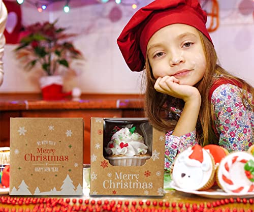 Happyhiram 100 Pack Kraft Brown Single Christmas Cupcake Boxes with Inserts - color: Holiday Brown, size: 100-Count