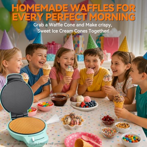 Baker's Friend Waffle Cone Maker Machine with Browning Control, 7.5” Ice Cream Cone Maker, Cone Roller & Bowl Press Included,Thin Waffle Maker Crispy, Nonstick Waffle Bowl Maker,Aqua