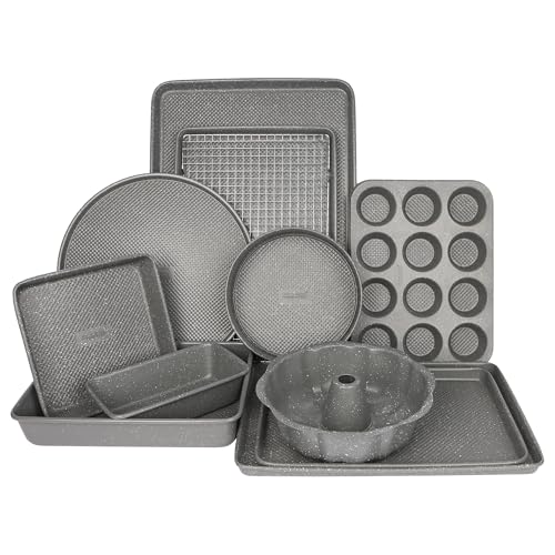 David Burke 9" Fluted Bake Pan – Carbon Steel Bundt Cake Pan – Gray Speckle - color: Gray Speckle, size: 9" Fluted Bake Pan