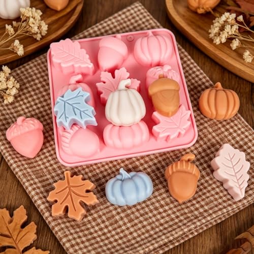 2 Piece Fall Silicone Molds for Chocolate, 3D Maple Leafs Acorns and Pumpkins Shape Autumn Silicone Mold Large Size 18-Cavities Candy Moulds for Thanksgiving Harvest Theme Candy Pudding Jelly Making - color: Fall Styl 50