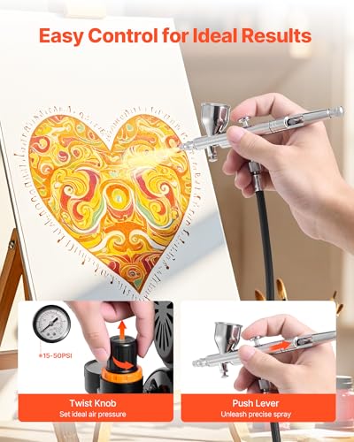 VEVOR Airbrush Kit, 1/6 HP, Air Brush Kit with Air Compressor and Tank, 1 Dual-Action Professional Airbrush with 1 Tip, Hose, Acrylic Paint, 2 Fans, for Cake Decorating, Model Painting, Nail Art - color: 24 Colors Set