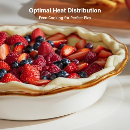9 Inch Ceramic Pie Pan, Fluted Baking Dish with Brown Glaze Rim, Oven Safe - color: Creamy White, size: 9 inch