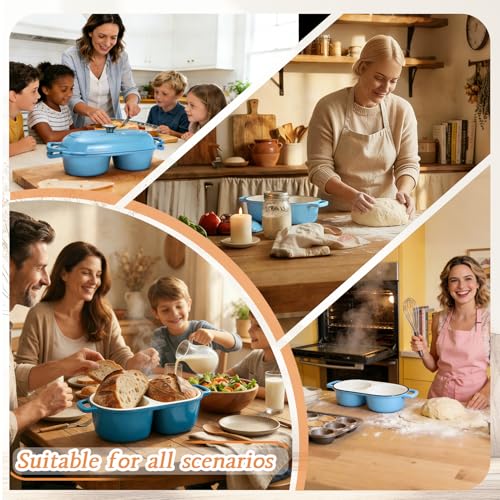 DIY Double Dutch Oven for Sourdough Bread Baking – Enamel Cast Iron Bread Baker with Lid, Bake Two Different Loaves at Once, 500°F Oven Safe, Includes 2×7" Banneton Proofing Baskets - color: Blue