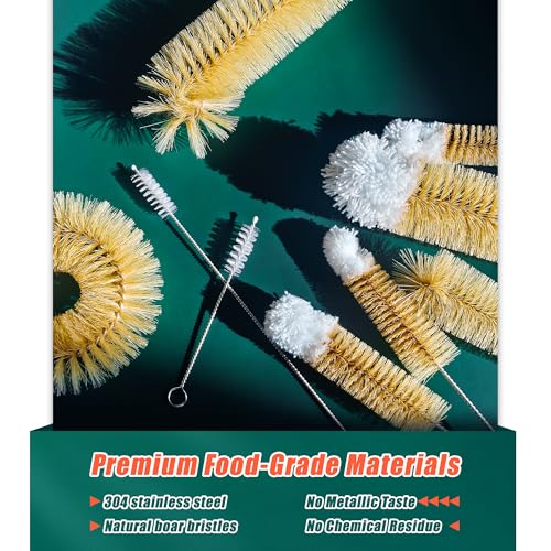 9-Pack Thin Long Handle Bottle Brushes with Boar Bristle & Wool Tip
