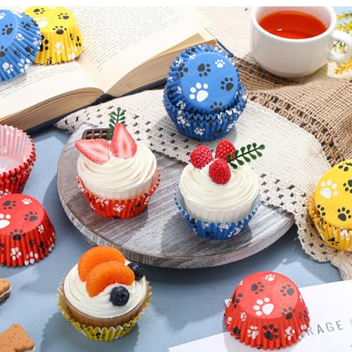 200 count Paw Bone Cupcake Liners Dog Wrappers Paw Pattern Cup Cake Holder Puppy Dog Theme Cupcake Wrappers for Baby Shower Birthday Party Supplies(Blue Red Yellow) - color: Blue Red Yellow