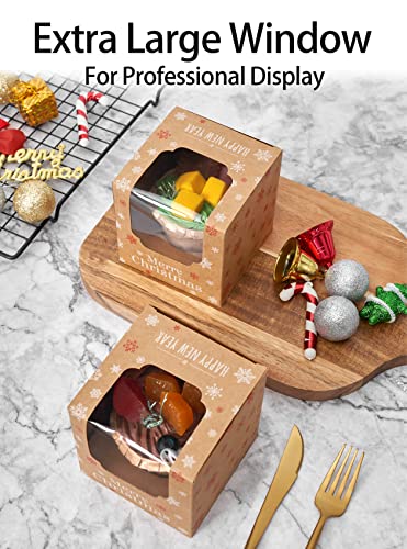 Kraft Brown Cupcake Boxes Christmas Individual with White Christmas Trees and Red Snowflakes 200 Pack for Holiday Gift - color: Holiday Brown, size: 200-Count