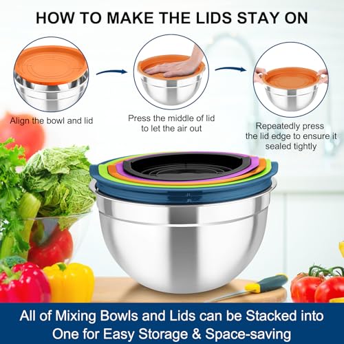 TeamFar Mixing Bowls with Lids, 5PCS Stainless Steel Metal Salad Bowl - color: Multicolor