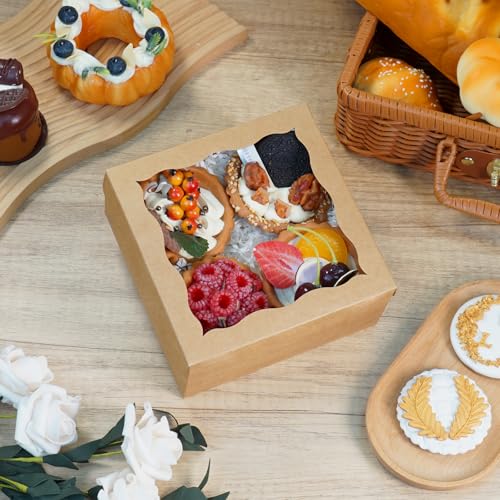 50pcs Cookie Boxes 5x5x2.5 Inch Bakery Boxes with Window Treat Box - color: Brown