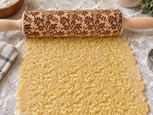 Floral Vine Embossed Rolling Pins for Cookies, Wooden Engraved Rolling Pins for Baking, Embossing Rolling Pins with Designs, Patterned Rolling Pin Decorative Springerle Mold Stamp Clay Pattern Roller - color: Floral Vine