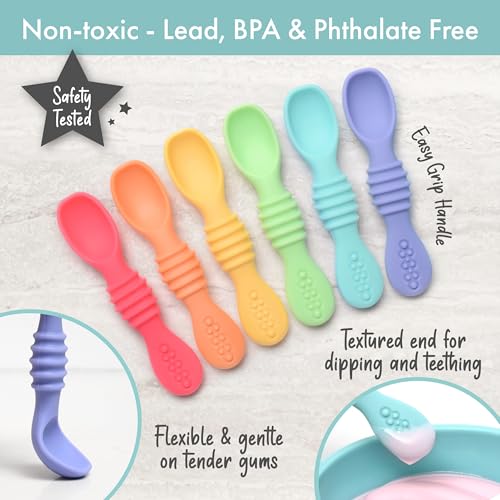 PrimaStella Silicone Chew Spoon Set for Babies and Toddlers | Safety Tested | BPA Free | Baby Spoon 6 Pack (Bright Rainbow) - color: Bright Rainbow