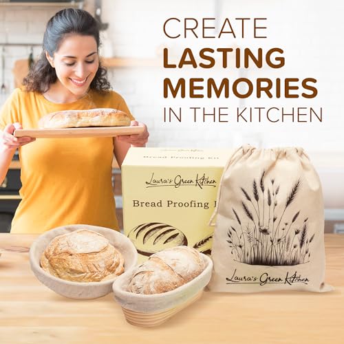 Laura's Green Kitchen Complete Sourdough Starter Kit – Sourdough Bread Baking Supplies with 2 Banneton Bread Proofing Basket, Linen Liners, Bread Lame, 5 Bread Blade for Scoring Dough, Scraper & More