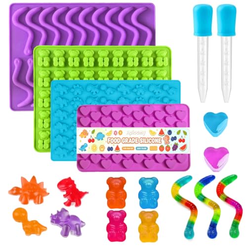 Gummy Candy Molds - Silicone Mini Gummy Bear/Hearts/Dinosaur/Gummy Worm Mold with 2pcs Dropper,Non-stick and Bpa Free for Candy Chocolate Gummies Baking - color: 4pcs Candy Molds