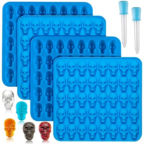 Sidosir 4Pcs Gummy Skull Chocolate Molds, Gummy Skull Candy Molds, Non-stick Silicone Candy Molds with 2 Droppers