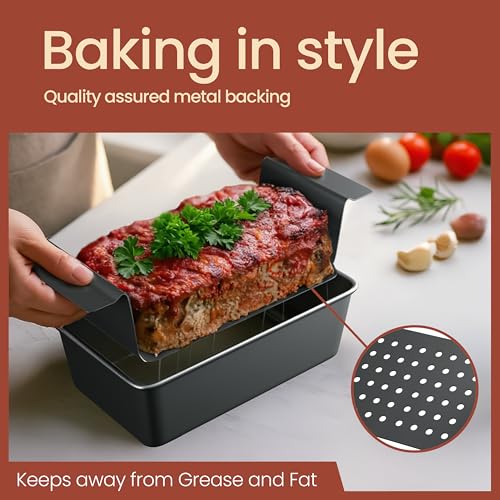 Meatloaf Pan with Drain Tray, 9.84 x 5.71" Nonstick Loaf Pan with Perforated Insert Tray, Durable Carbon Steel, PFOA, PFOS, BPA, and PTFE Free, Oven Safe to 450°F, Easy-Grip Handles, Dishwasher Safe - color: Gray, size: 2 Piece Set