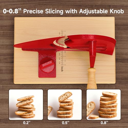 (Upgrade) Manual Bread Slicer for Homemade Bread, Sourdough Bread Slicer With Hand Crank, Scale Line and Suction Cup, Serrated Blade, Adjustable Thickness, Evenly Slicing - color: Bright Red