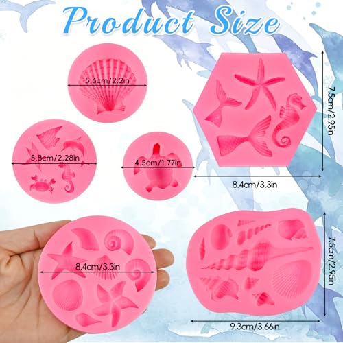 6 Pcs Marine Theme Silicone Mold Mermaid Tail Sea Turtle Fish Seashell Starfish Conch Seahorse Marine Animal Fondant Mold Set for Ocean Cake Decorations Chocolate Candy Resin Clay Birthday Party Decor - color: 6 Pcs Marine Theme Silicone Mold, Pink