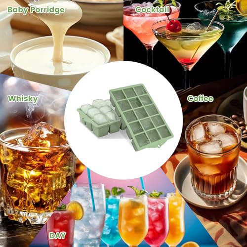 FANYITY Silicone Ice Cube Tray with Lid, Green, Pack of 4 Ice Cube Moulds, Silicone Mould, BPA-Free, Stackable Ice Cube Tray, Ice Cube Trays for Baby Porridge, Cocktail, Whiskey, Coffee - color: Green