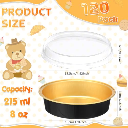 Yinder 120 Pcs 8oz Disposable Mini Pie Pans/tins with Lids Tart Pans, Small Cake Pan Round Containers Aluminum, 4 Inch Mini Cake Pan for Quiche Cheesecake Container Oven Bake Sale(Black Gold) - color: Black/Gold