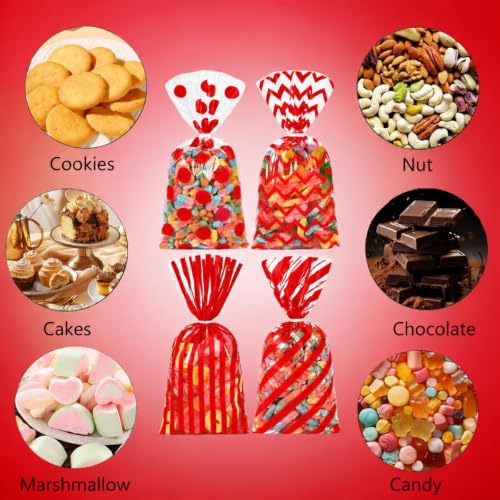 Capesaro 50 Pieces 10.6 x 5.1 In Red Cellophane Treat Bags Candy Gift Bag with Twist Ties Stripes Polka Dot Printed Pattern Goodie Bag for Birthday Weddings Party - color: Red-10.8'' x 5''