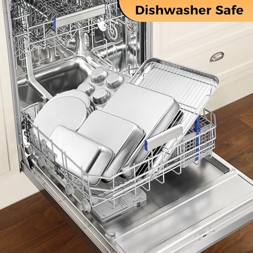 E-far Stainless Steel Baking Pan Set, 6-Piece Metal Bakeware Sets Include Cookie Sheet, Round Square Rectangle Cake Pans, Non-toxic & Dishwasher Safe - size: 6-Piece Set