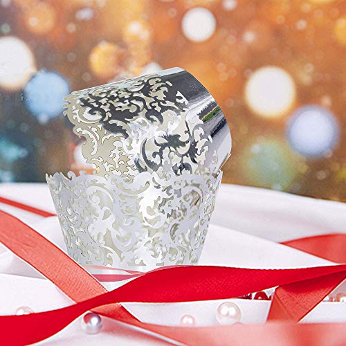 YOZATIA 60 Silver Vine Lace Cupcake Wrapper, Laser Cut Cupcake Liners for Weddings Birthdays Tea Parties and any Special Event- Silver - color: Silver