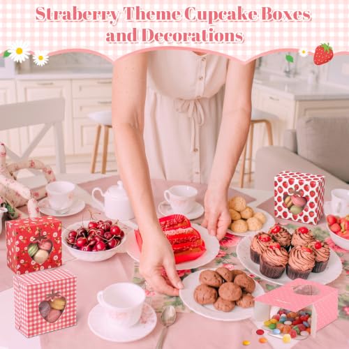 Eaasty 60 Packs Strawberry Cookie Boxes with Window 4x4x2.5 Inches - style: Strawberry
