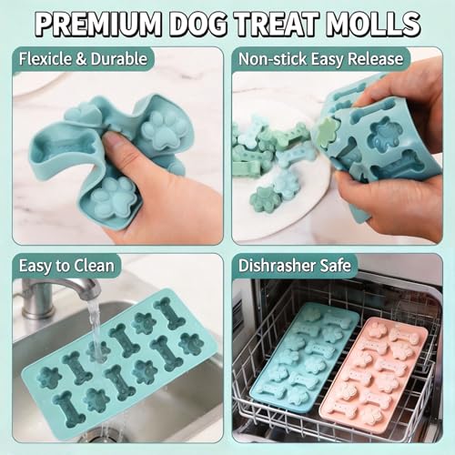 2Pack Dog Treat Molds Silicone, 24 Cavity Puppy Paw & Bone Shaped - color: Pink+Blue