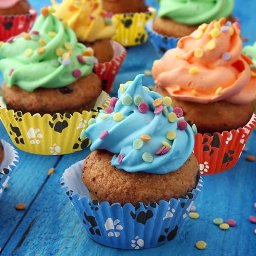 200 count Paw Bone Cupcake Liners Dog Wrappers Paw Pattern Cup Cake Holder Puppy Dog Theme Cupcake Wrappers for Baby Shower Birthday Party Supplies(Blue Red Yellow) - color: Blue Red Yellow
