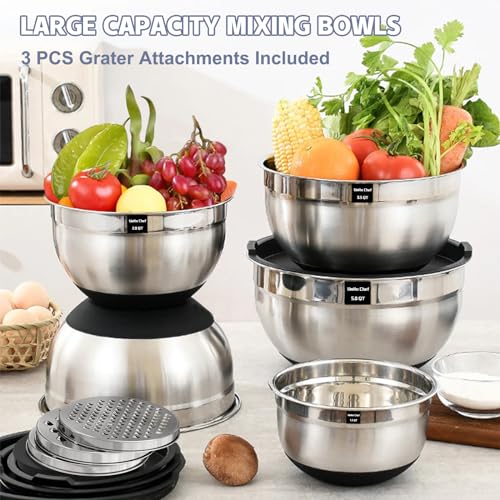 Umite Chef Large Mixing Bowls with Lids Set, 5QT Non-Slip Silicone Base - color: Black