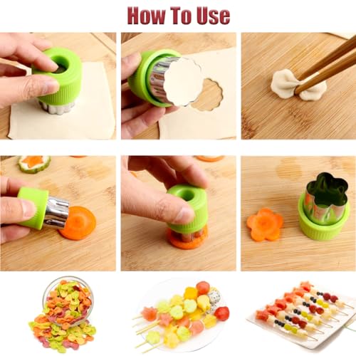 Fruit and Vegetable Cutter Stamp Set 9 Pieces - Love Heart, Star, Flower, Rabbit, Bear, Strawberry, Lace, Mushroom Shapes - Green Mini Pie Cookie Biscuit Mold for Baking