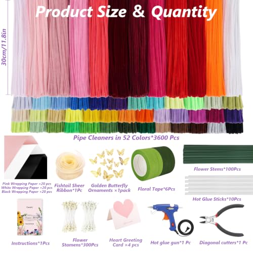 Cwczhi 3600 PCS Pipe Cleaner Flower Kit, 52 Colors Pipe Cleaners Craft - color: 52 color