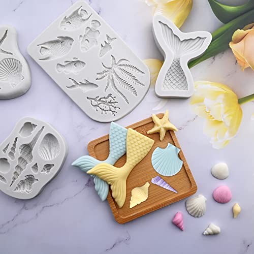Sakolla 4 Pcs Marine Theme Silicone Fondant Molds, Mermaid Tail Seashell Conch Starfish Shape Silicone Molds for Cake Decoration, Chocolate, clay, Crafting - color: Marine Theme 4 Pcs/Grey