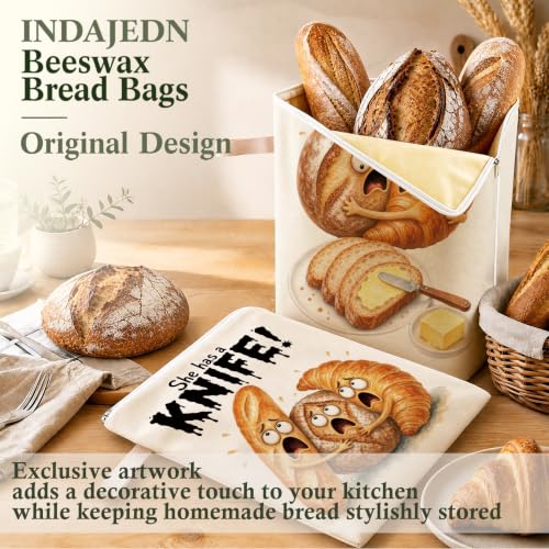 Funny Baking Lover Gifts Beeswax Bread Bags 2 Pack XL 13x17in - color: Funny Bread - She Has a Knife