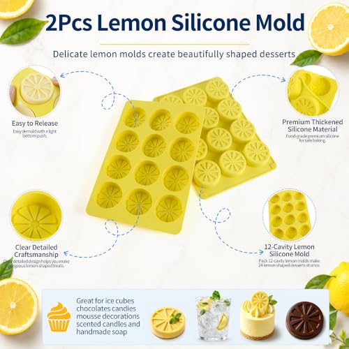 2Pcs Lemon Silicone Mold for Ice Cube, 12-Cavity 3D Lemon Shape Fruit Silicone Mold for Chocolate, Ice, Candy, Mousse Cake - color: 12-cavity small lemon shaped mold