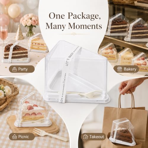 50 Pieces Cake Slice Plastic Containers with Disposable plastic fork and Stickers,5.7 Inches Hinged Lid Cheese cake Container,Cupcake containers,individual cupcake containers, Bakery and Cafe